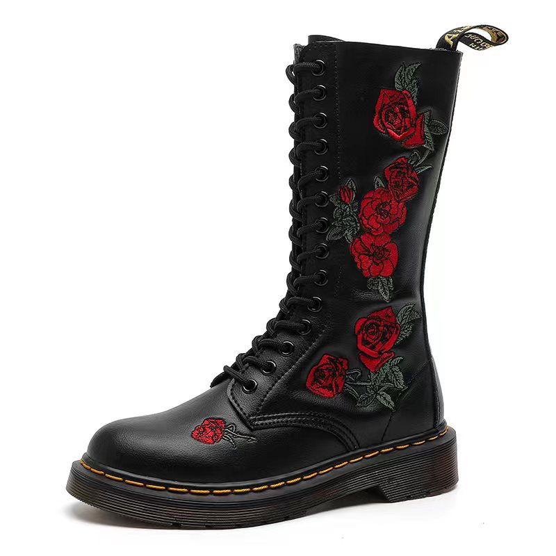 14 Hole Embroidered Boots Women's British Motorcycle Long Boots Round Toe Embroidered Rose plus size Women's Shoes 1460