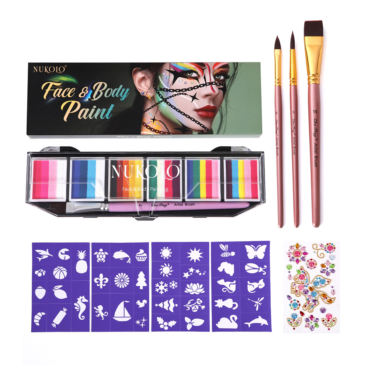 Ventas transfronterizas calientes 6 grupos de paleta de color de barra arcoíris conjunto acuoso cuerpo humano pintado pigmento de pintura facial pasta de color pigmento de acuarela