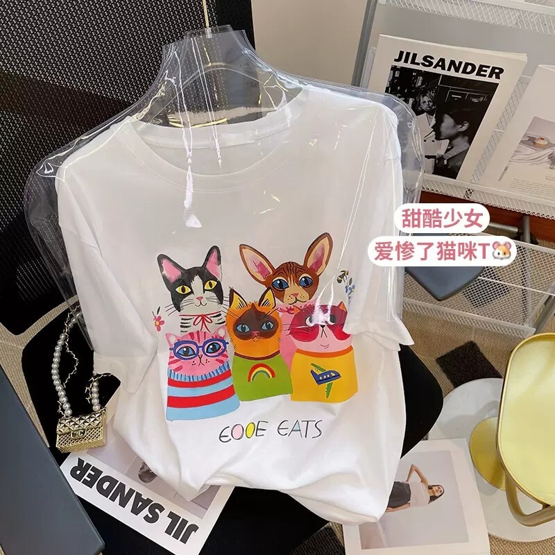 Foreign Trade Source Factory First-line Brand Counter Shopping Mall Cut Label Women's Cotton Cat Printed Shoulder Short-sleeved T-shirt Foreign Trade Source Factory First-line Brand Counter Shopping Mall Cut Label Women's Cotton Cat Printed Shoulder Short-sleeved T-shirt