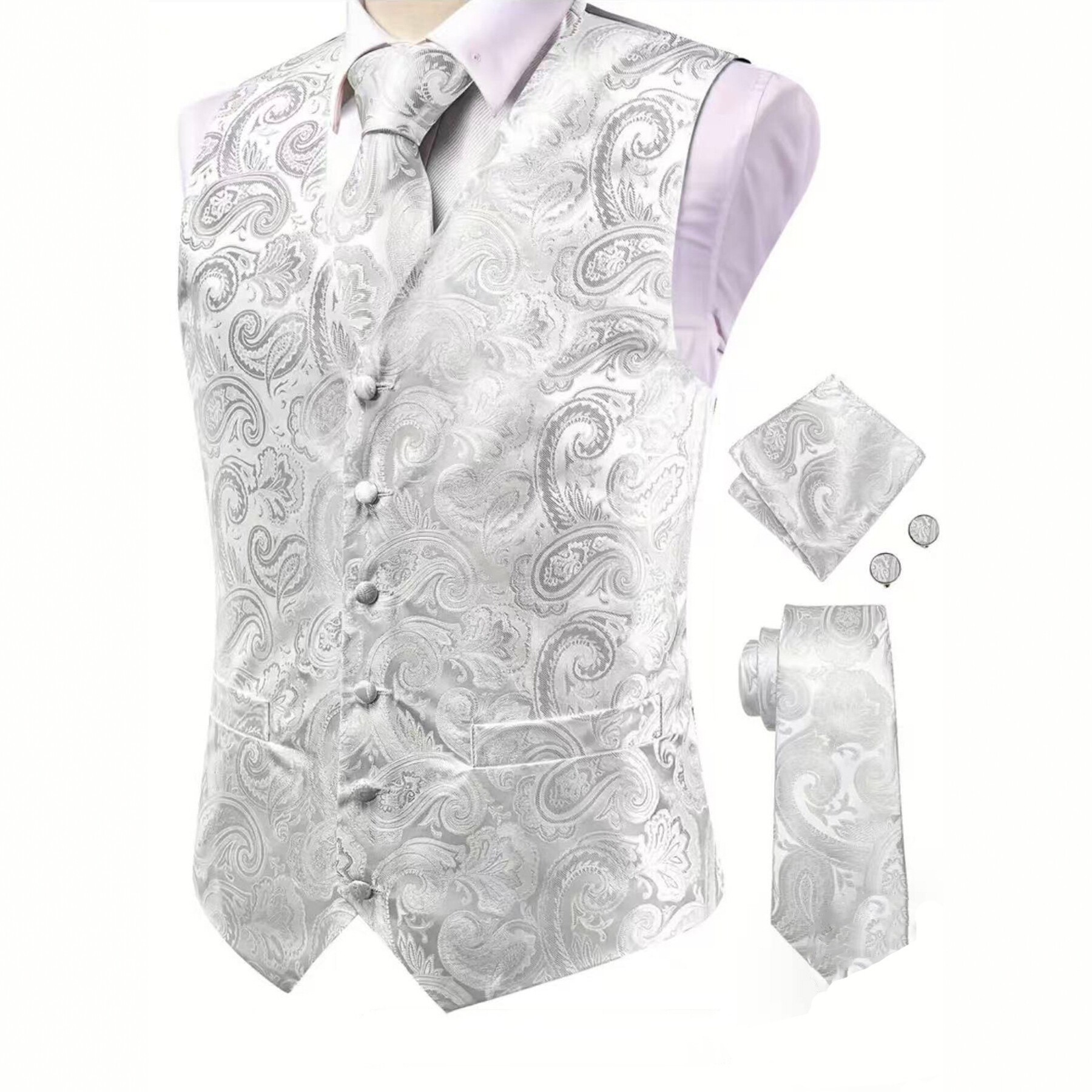 Anzugset mit Weste, Krawatte, Einstecktuch und Manschettenknöpfen im Paisley-Muster für Herren – Business Casual, Hochzeitskleidung_voghion.com