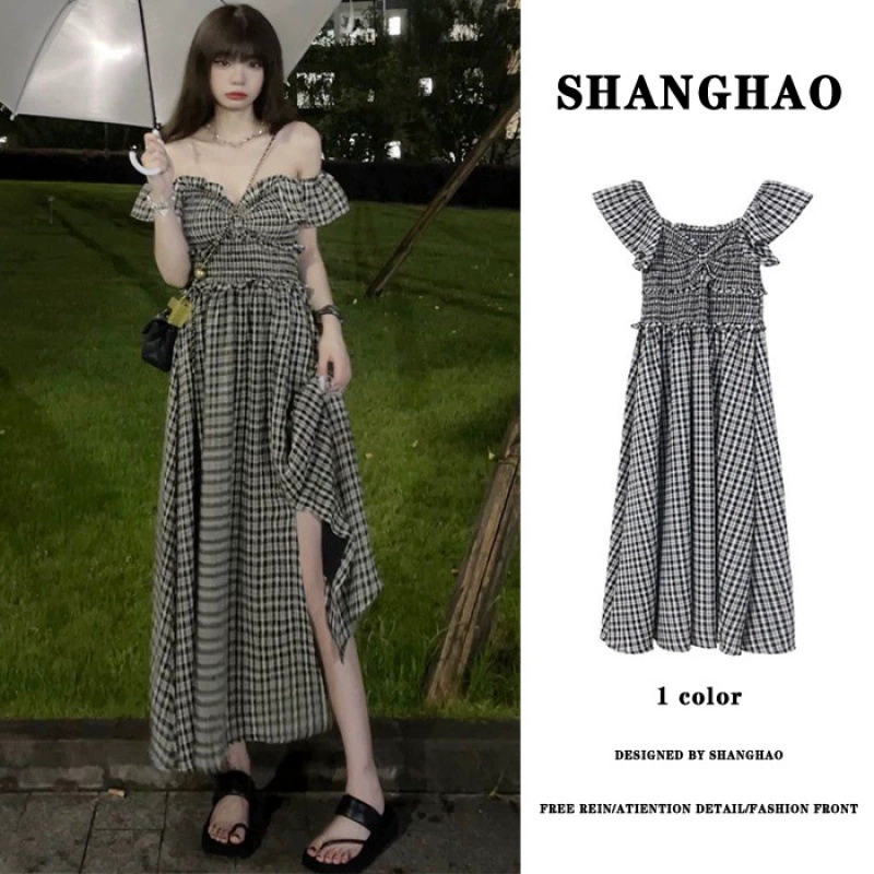 Клетчатое платье-слинг женское лето 2024 Новое платье с разрезом и дизайном банта