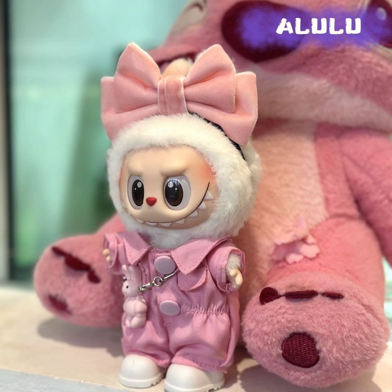 かわいいウサギ labubu 第一世代、第二世代、第三世代ベビー服ピンクリボンスーツ 17 センチメートル座りパーティーオーバーオールジャンプスーツ|undefined