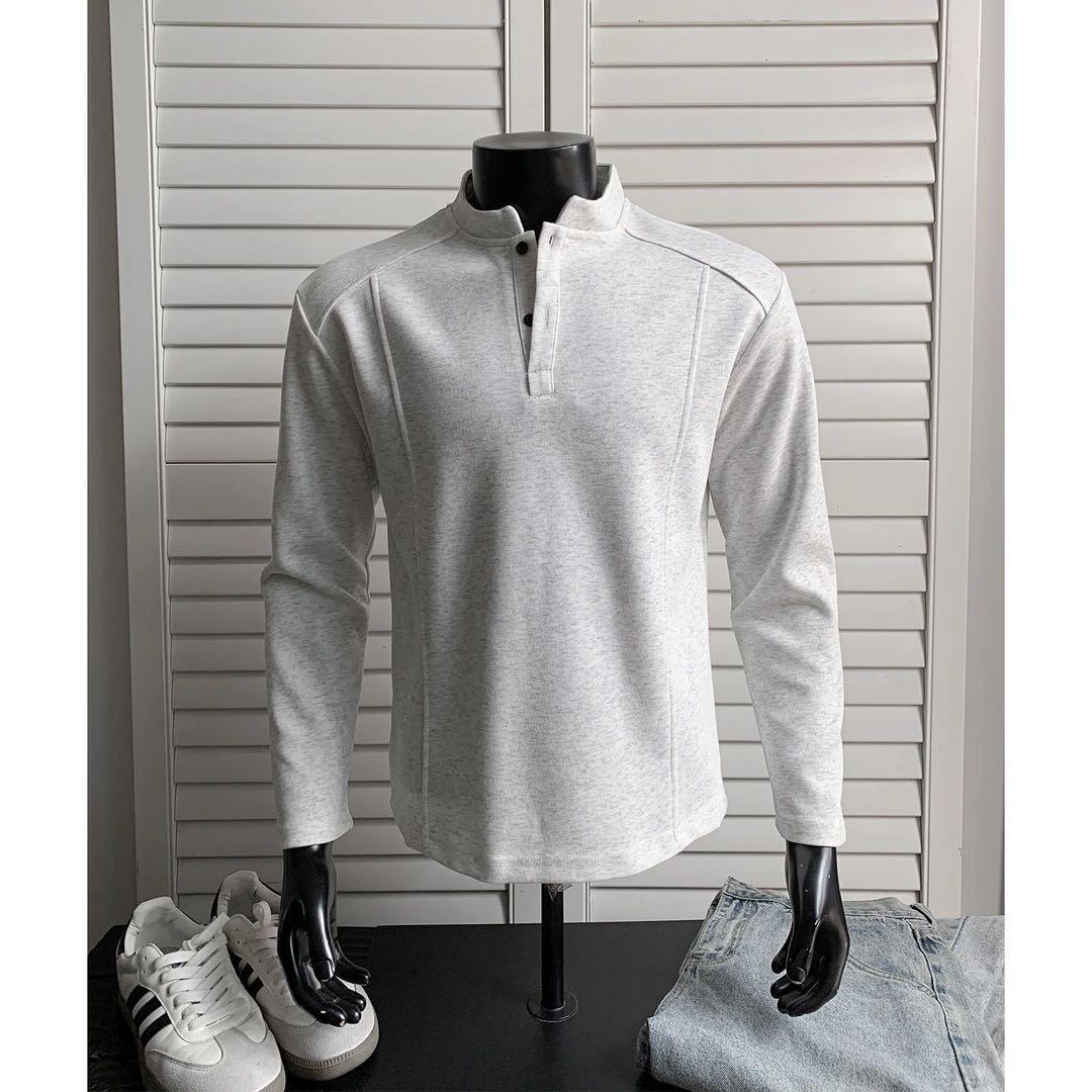 American-style Henry collar long-sleeve T-shirt for men, waffle knit, loose fit, casual base layer top for spring and autumn