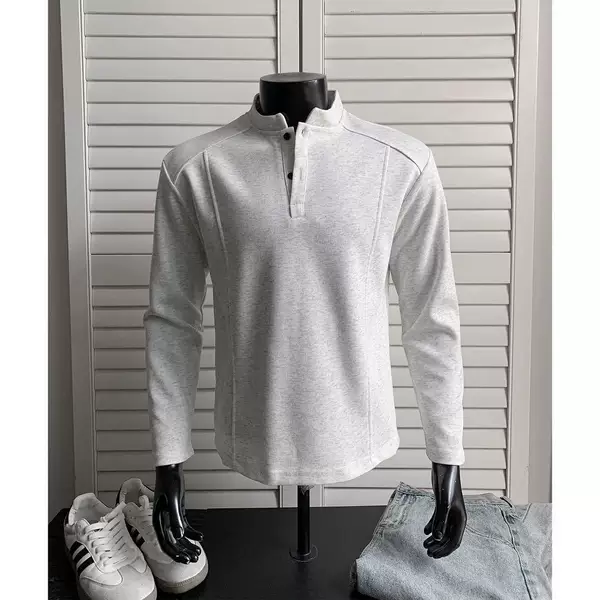 American-style Henry collar long-sleeve T-shirt for men, waffle knit, loose fit, casual base layer top for spring and autumn