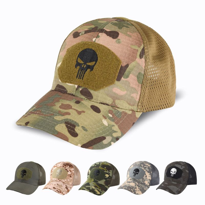 Military Training Camouflage Baseball Cap for Men, Punisher Embroidery, Cross-Border Outdoor Women's Hat, Sun Protection Sun Hat, Military Fan Mesh Cap