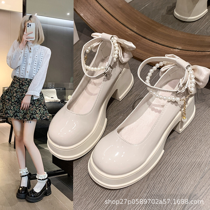 Mary Jane Shoes with Skirt for Women 2024 Spring New Style High-Heeled Pearl Fashion Versatile Chunky Heel Leather Shoes with Hidden Height Increase Mary Jane Shoes with Skirt for Women 2024 Spring New Style High-Heeled Pearl Fashion Versatile Chunky Heel Leather Shoes with Hidden Height Increase