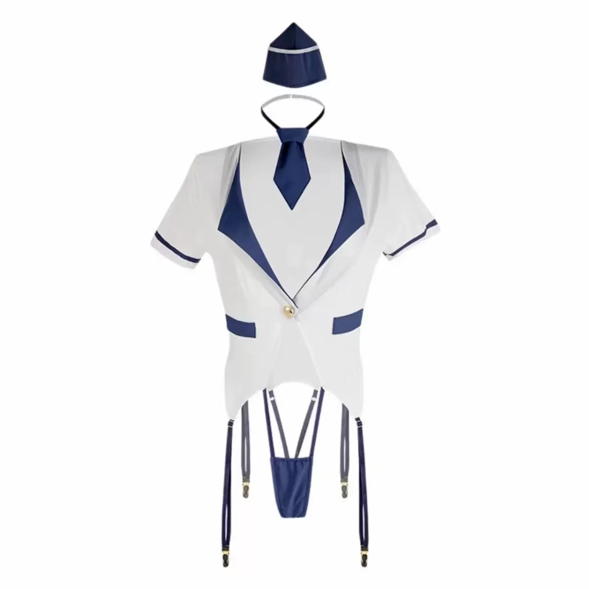Flight Attendant Costume Bodysuit, Deep V Crotchless Design with Hat and Bow Tie — detail image 6