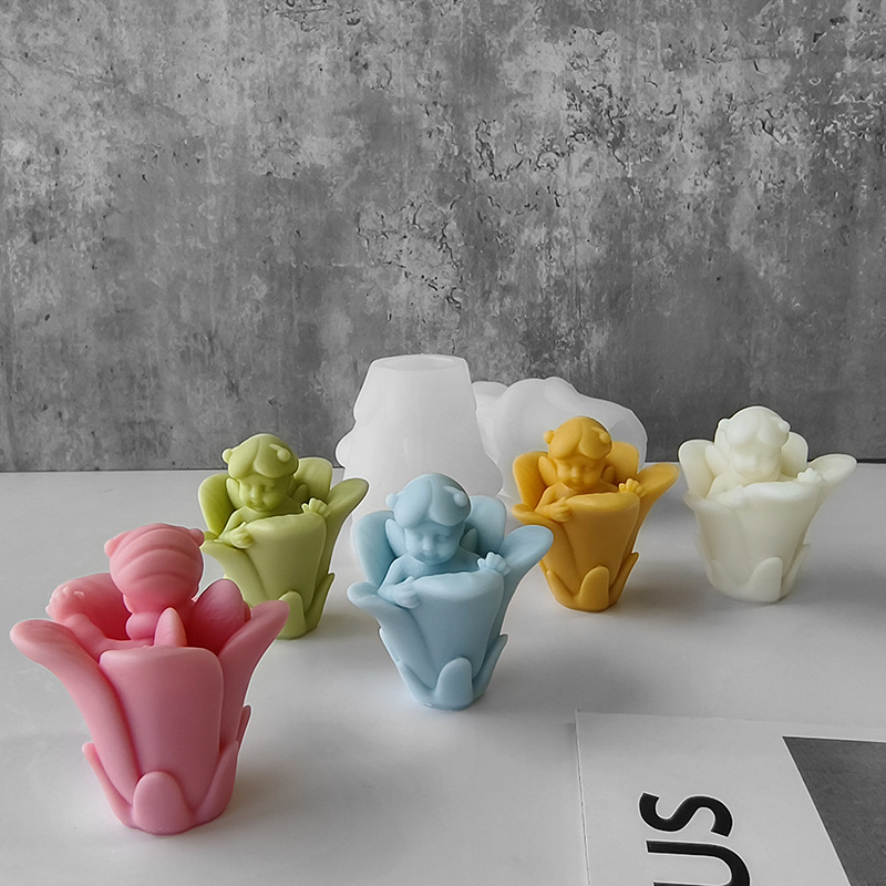 Jiahuimei Baby Angel Molde de silicona Producción de velas de aromaterapia Diy Molde de ángel de flores tridimensionales
