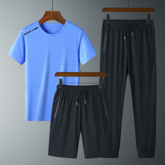 Ropa de verano de secado rápido traje de manga corta deportiva para hombres talla grande Camiseta de seda de hielo pantalones de estudiante traje de tres piezas