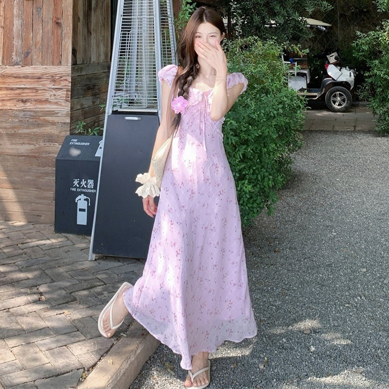Summer Ootd Outfit: Pure Purple Floral Dress for Women, Long Dress for Seaside Vacation, Particularly Beautiful Cinched Waist Dress Summer Ootd Outfit: Pure Purple Floral Dress for Women, Long Dress for Seaside Vacation, Particularly Beautiful Cinched Waist Dress