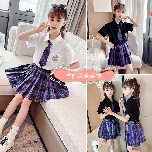 Ladies' Summer JK Uniform Set Anime Dark Short-Sleeve Shirt Academic Style Trendy Pleated Skirt Two-Piece Set