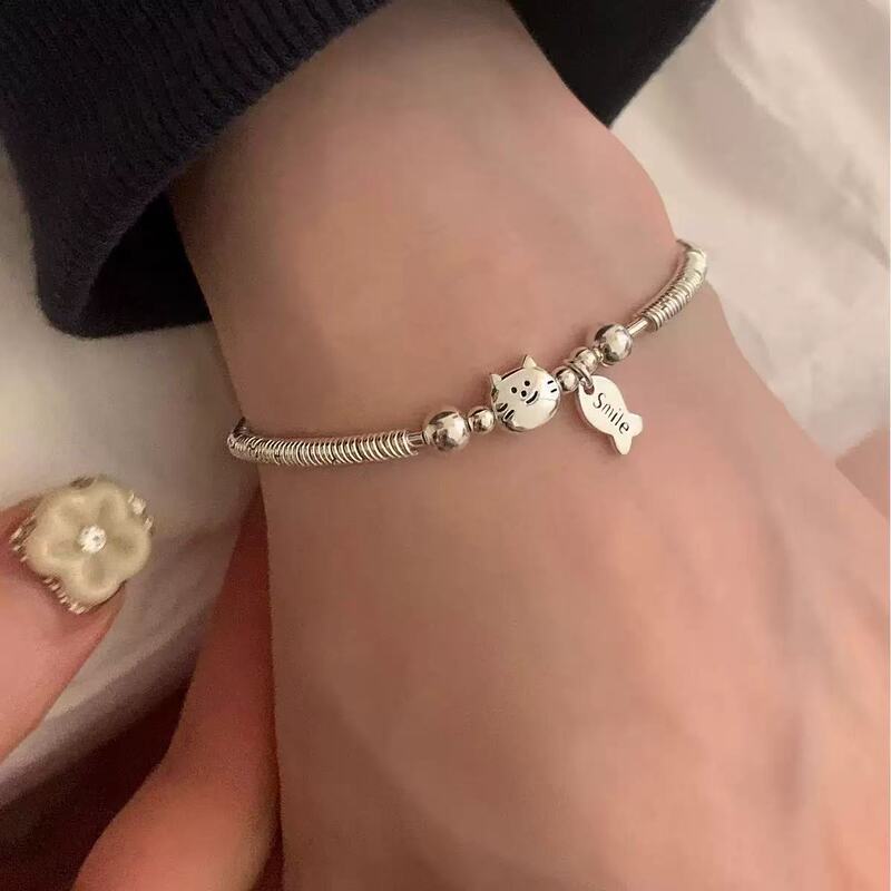 Cat and Fish Bracelet for Women, New Chinese Style, Trendy, Simple, Cute, Creative Design, Silver Ring Jewelry, Niche Cat and Fish Bracelet for Women, New Chinese Style, Trendy, Simple, Cute, Creative Design, Silver Ring Jewelry, Niche