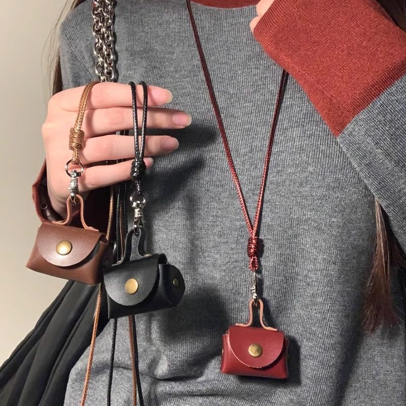 Cute Leather Coin Purse Necklace Women's Pendant Headphone Cover Leather Rope Small Bag Sweater Chain Long Accessories Cosmetics Bag