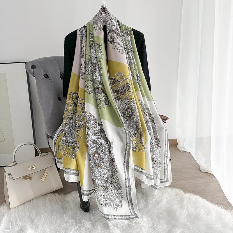 Pañuelo de seda fino de primavera y verano, pañuelo largo con estampado de alta calidad, nuevo pañuelo de protección solar de viaje de satén de seda, chal de viento étnico, protector solar femenino