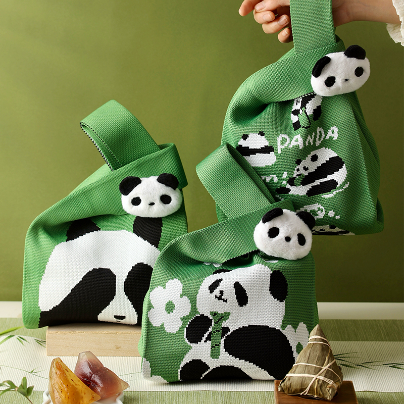 大熊猫文创针织袋手提包包周边上班杂物小拎包手腕编织布花花成都