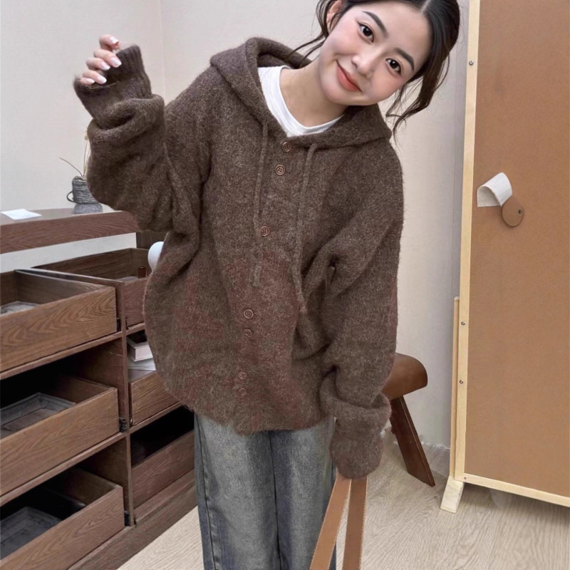 2025年秋冬季新款慵懒甜美风连帽开衫宽松毛衣针织外套女高级感上|undefined
