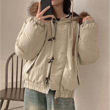 韩版冬季毛领帽子羽棉服加厚保暖牛角扣连帽加厚棉衣外套女
