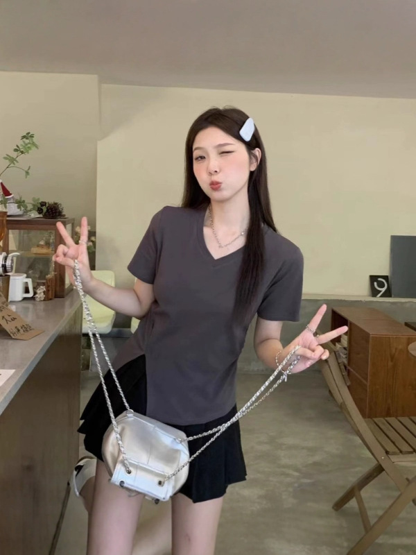 夏に太った女性のための肉感カバー、スリムフィット、スリット入り半袖シャツ、お腹カバー、痩身、純粋な欲望、ショートホワイトショルダートップ、痩身|undefined