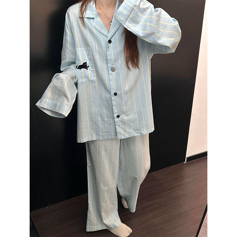 韩版蓝色条纹睡衣女秋季新款春秋季宽松休闲长袖长裤家居服套装|undefined