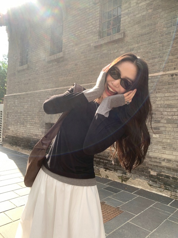 pusumede 反转美学 假两件拼接T恤女长袖设计感针织内搭打底上衣|undefined