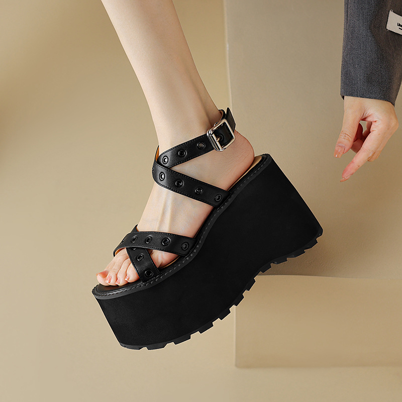Sandal cao gót nữ quai chéo đế xuồng gót 11 cm, phong cách La Mã đinh tán — Đen 11cm, Đen 9cm
