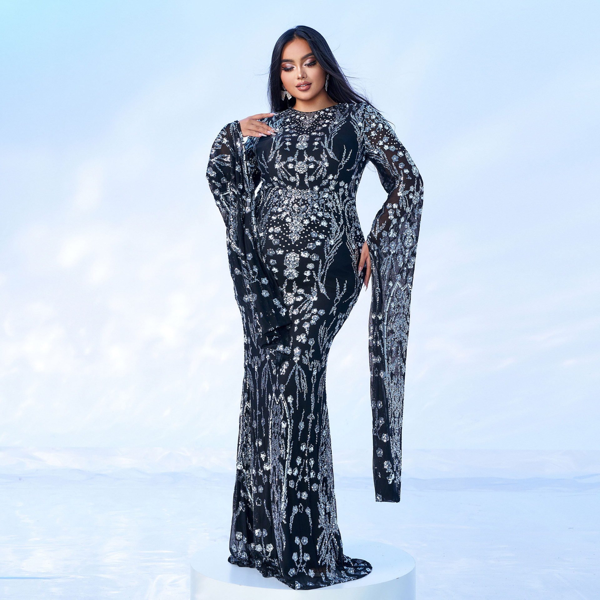 Women's Clothing ultra long sleeve temperament round neck sexy slim long sequined banquet evening dress bridesmaid dress_voghion.com