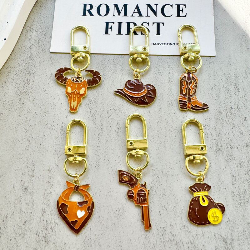 Vintage Coffee-Colored Western Cowboy Keychain with Oil-Drip Design of Bull Head, Boots, Heart, and Money Bag Pendant, Bag Charm Accessory