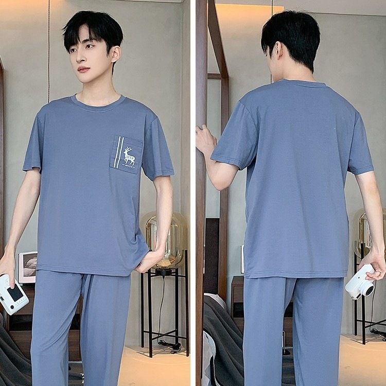 Modal silk pajamas for men, summer short-sleeved trousers, thin, plus size, casual loungewear, two-piece set, can be worn outside.