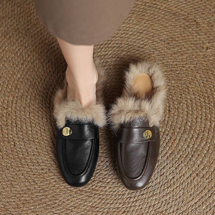 头层羊皮兔毛包头半拖鞋女雪地靴穆勒鞋 加绒毛毛棉拖鞋女秋冬