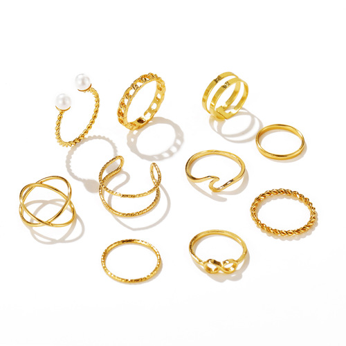 Eurasian Cross-border Ins Cold Style Alloy 10-Piece Ring Set Creative Simple Pearl Joint Ring Gold