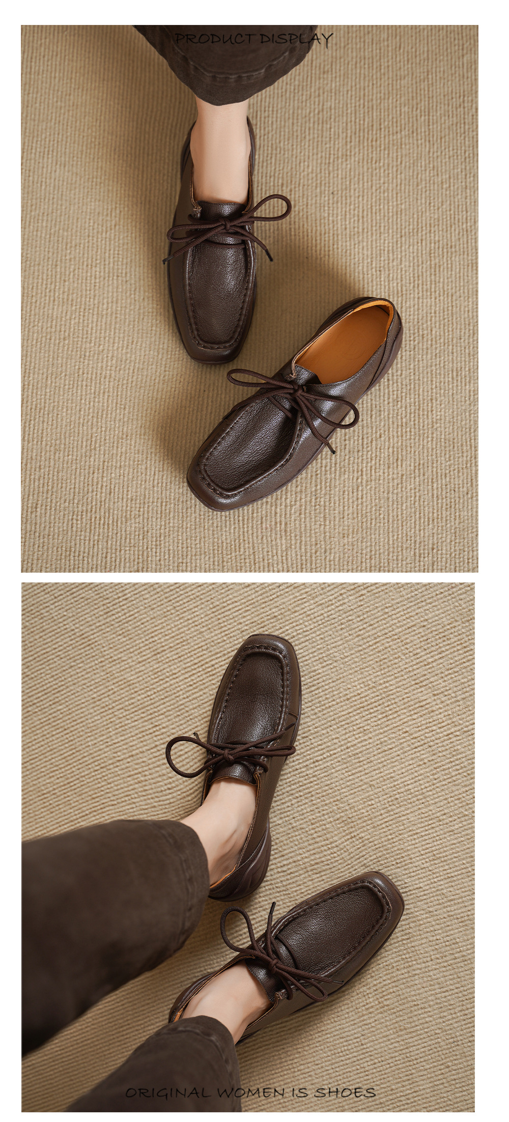 Giày lười nữ mũi vuông da cừu mềm phong cách DeTrain vintage, đế bệt buộc dây — màu nâu chi tiết 6