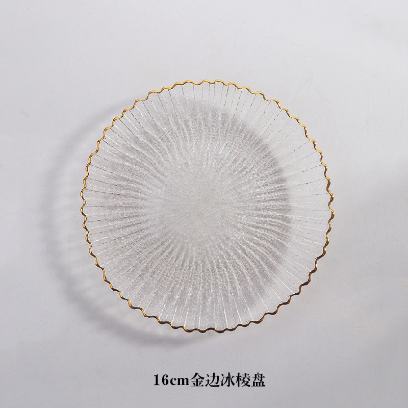 Bandeja de vidrio transparente de estilo insi, bandeja de frutas de borde de hielo, bandeja de postre de la Sala de estar doméstica, bandeja de frutas secas