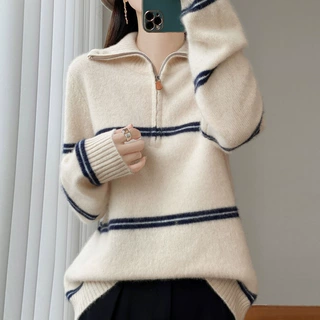加厚高翻领半开纯羊毛衫女秋冬新款欧货撞色宽松羊绒针织衫外穿
