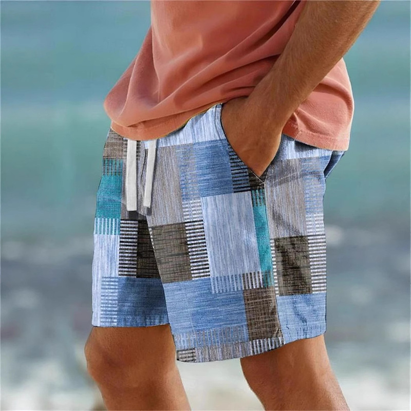 Men's Classic 3D Printed Plaid Color Matching Running Shorts Geometric Pattern Hawaiian Surfing Shorts Swimming Trunks