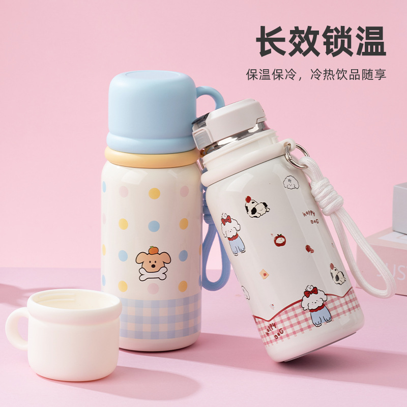 学校用のかわいい魔法瓶カップ、2025年の新しいスタイル、見栄えの良い女の子の外出用ポータブルダブルドリンクカップ、学生カップ|undefined