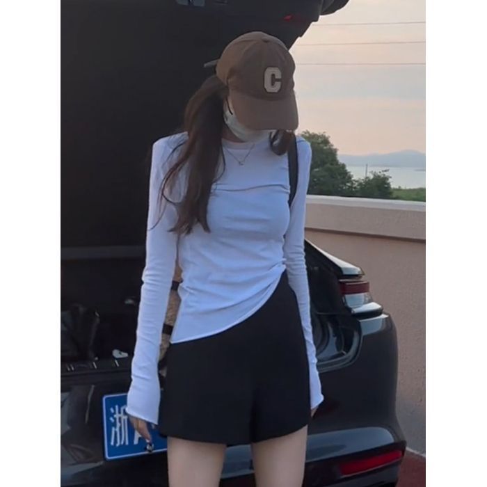 浅蓝色卷边长袖T恤女2025秋季防晒罩衫春秋韩系百搭薄款打底上衣|undefined