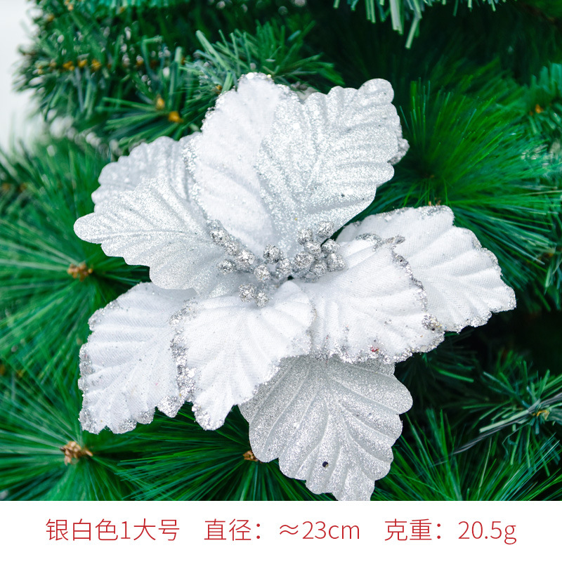 Flor navideña artificial plateada de 22 cm con polvo dorado, corona para árbol de Navidad, decoración floral, artículos navideños.