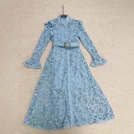 2025澳洲外贸跨境女装立领刺绣镂空水溶蕾丝连衣裙时尚宽松蓬蓬裙