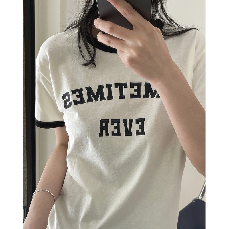 Summer New Korean Style ins College Style Contrast Color Letter Printed Short-sleeved T-shirt Loose Slimming Casual Top for Women