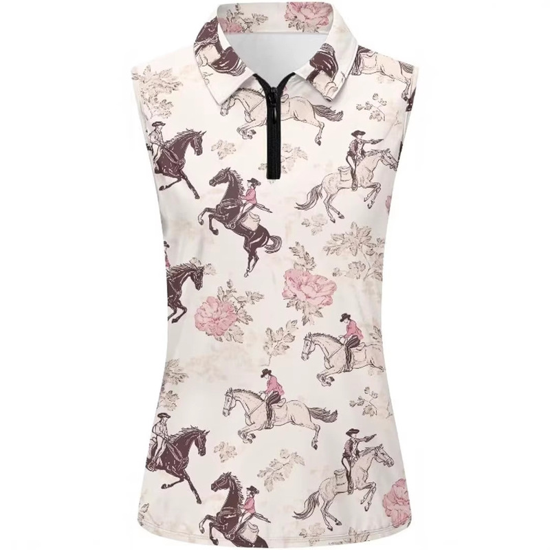Cross-Border Exclusive Supply of Printed Lapel Half-Zip Sleeveless T-Shirts, Amazon's Best-Selling Golf Casual Tops for Women