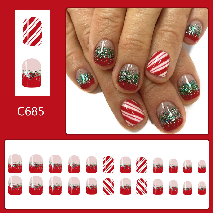 Short Gloose Square Armor 2024 New Christmas Red with Green Gradient Stripe Detachable Wear Nail Patch 24 Pieces_voghion.com