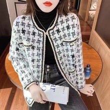 仿水貂绒秋季新款小香风短款女装外套千鸟格秋冬洋气开衫格子