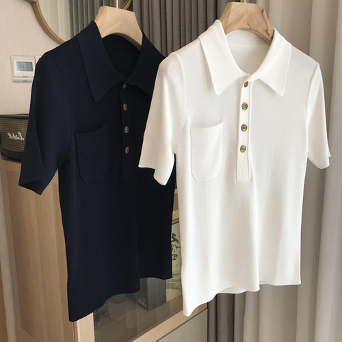 Exceptionally slimming! Highly recommended! Stylish and versatile~ Silk-like French polo neck knit short-sleeved T-shirt for women