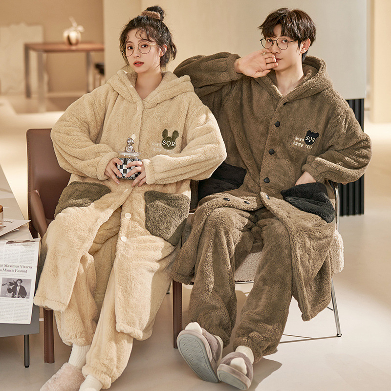 カップル用パジャマ 冬用 コーラルフリース 厚手 秋冬用 男女兼用 裏起毛セット 冬用ナイトガウン ホームウェア