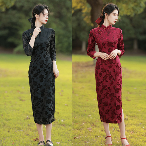 Black wine retro chinese dress qipao with side slits Chinese style retro stand-up collar elegant double layer improved cheongsam