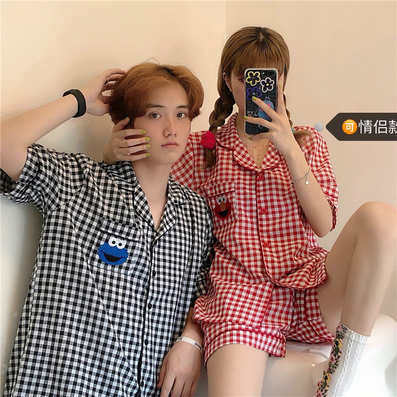 2024 New Couple Cartoon Embroidered Plaid Pajamas Homewear Set Korean Version ins Style Summer Women