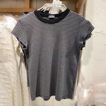 BM风Brandy明星同款美式复古条纹bm短袖棉棕色百搭减龄圆领T恤女