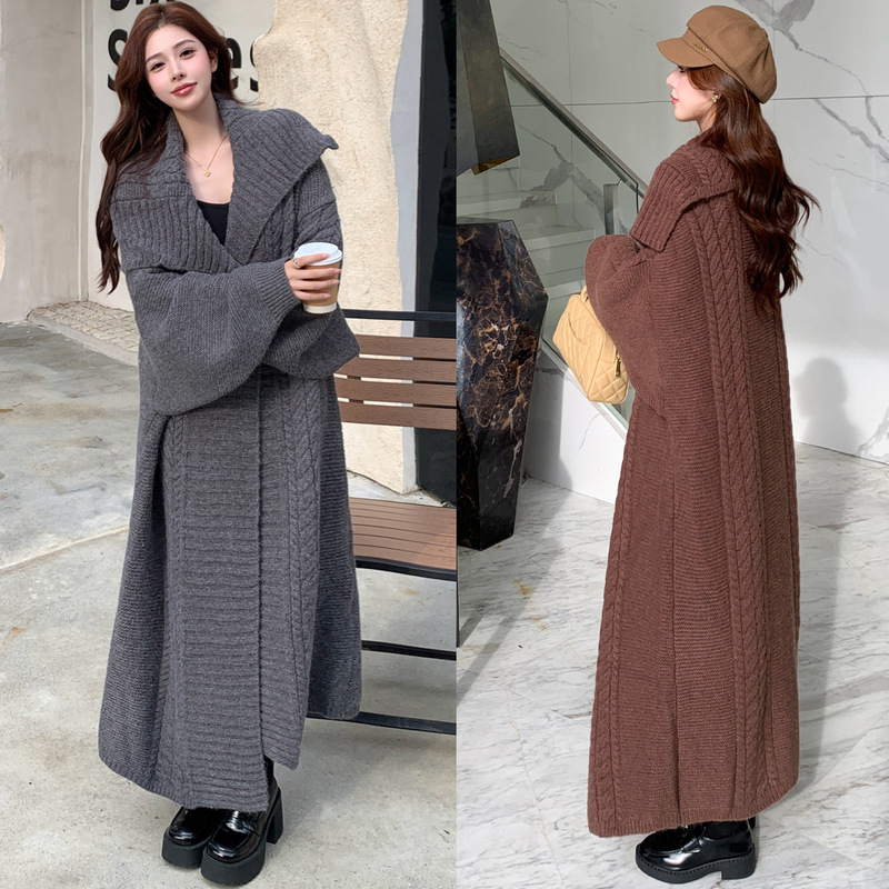 52026 # New Winter Sweater with a Heavy-Duty, Lazy Style, Chunky Cable Knit, Large Lapel, and a Relaxed, Long Cardigan