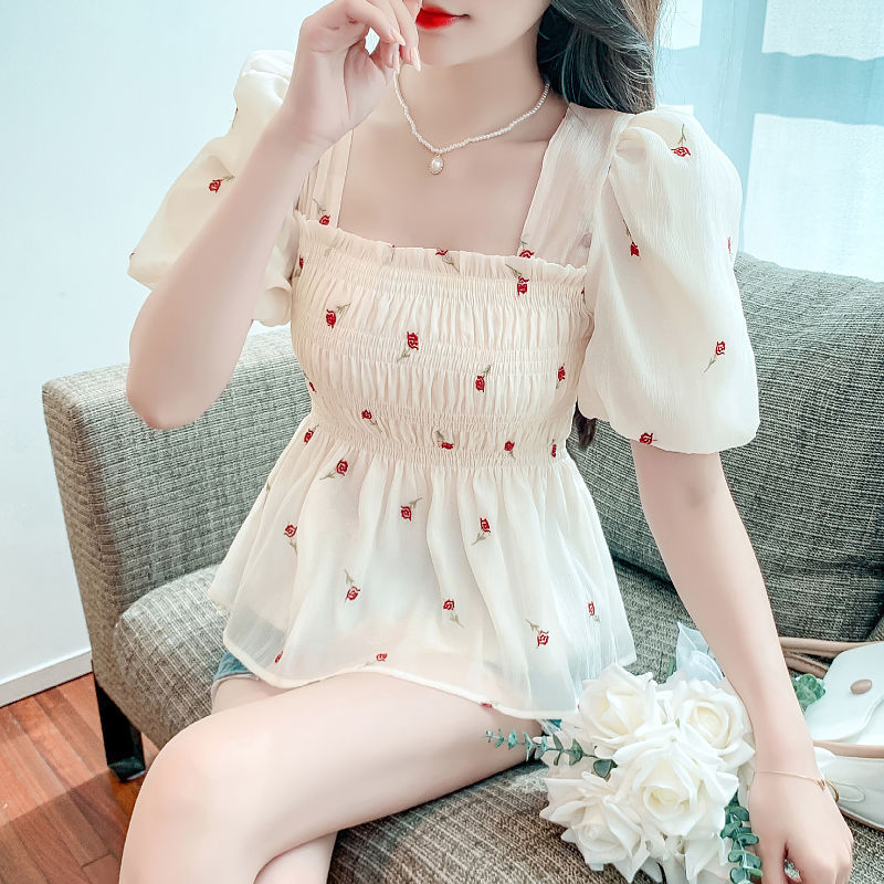 女性用シフォンガーゼトップス、夏の花柄半袖パフスリーブお腹カバー半袖Tシャツ、デザインスクエアネックシックシャツ|undefined