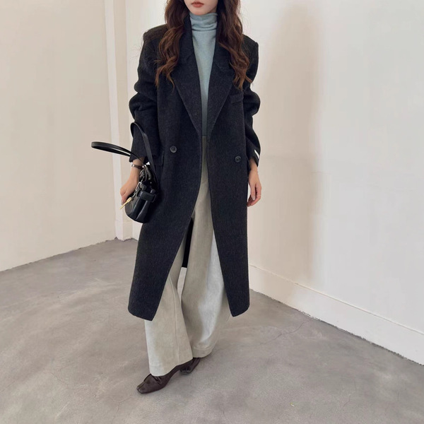 Korean Style Casual Double-Sided Wool Outwear for Women in Autumn and Winter New Style Right Shoulder Slimming Look Mid-Length Woolen Outwear for Women